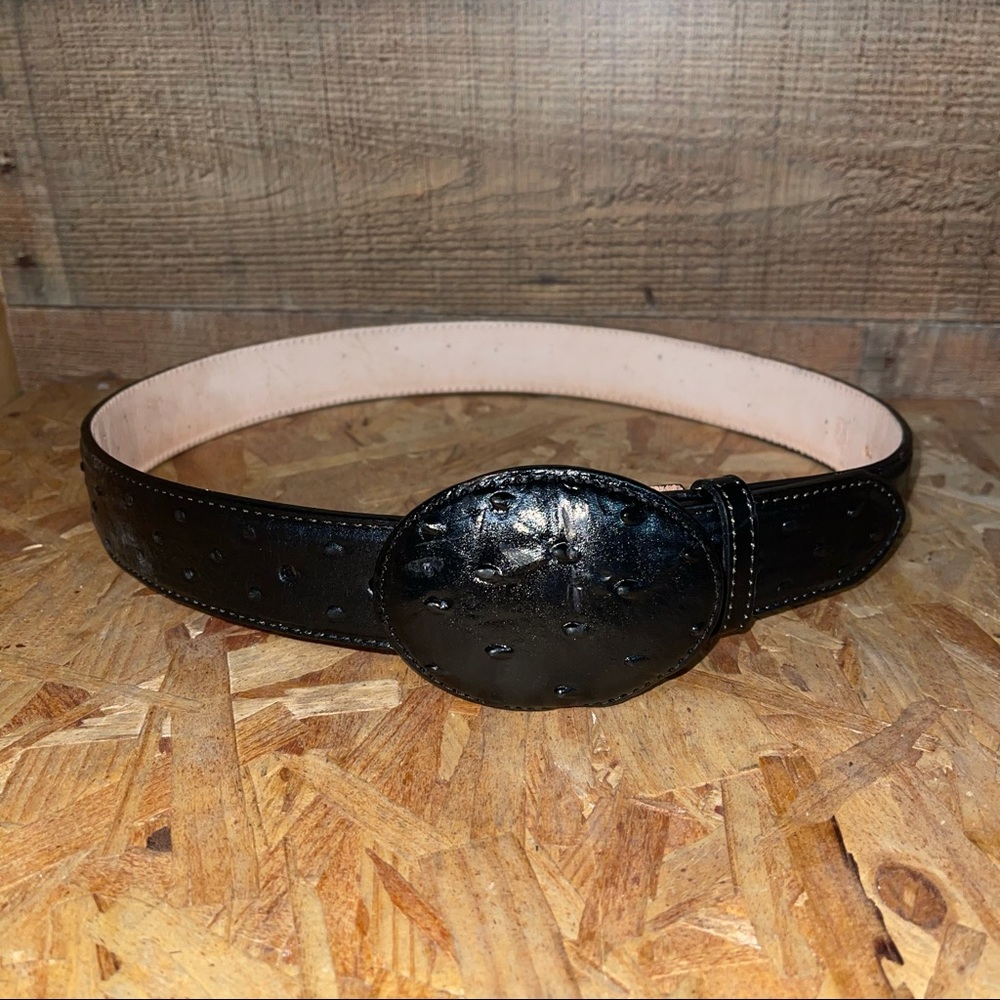 Mens Black Ostrich Print Leather Cowboy Belt